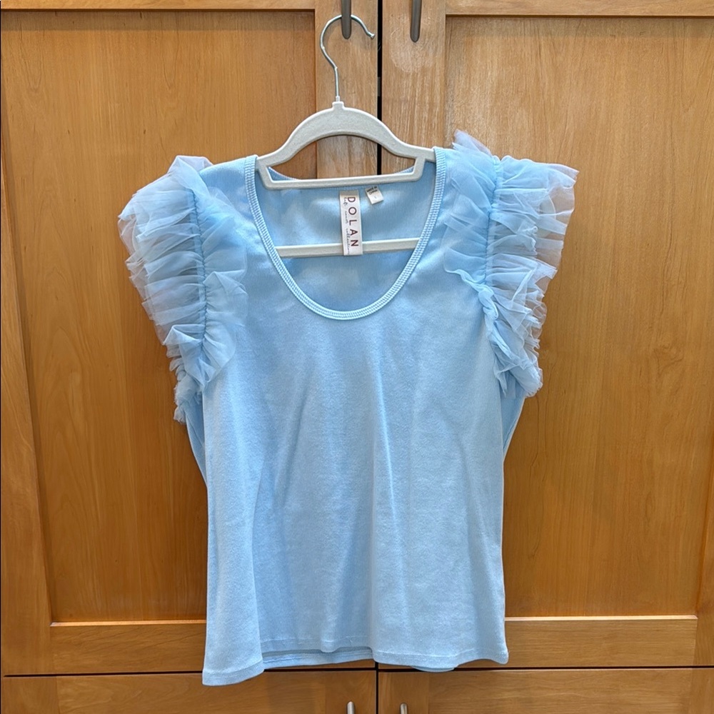 Dolan Blue Flutter Sleeve Ruffled Blouse Top Size L Feminine
